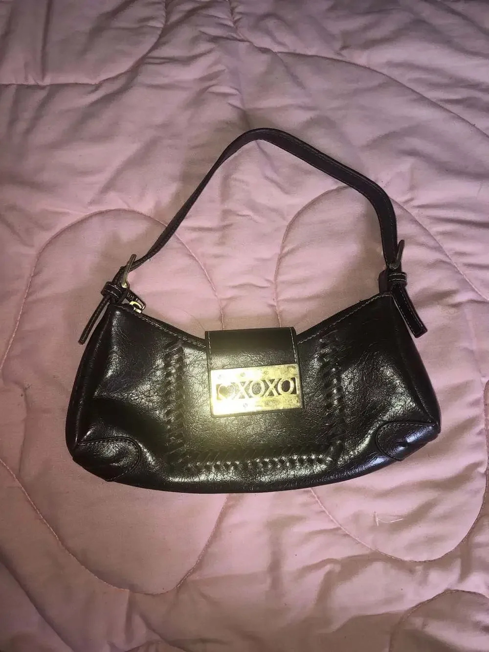 Vintage XOXO Brown Faux Leather Y2K Baguette Shoulder Bag with Gold Plate Logo